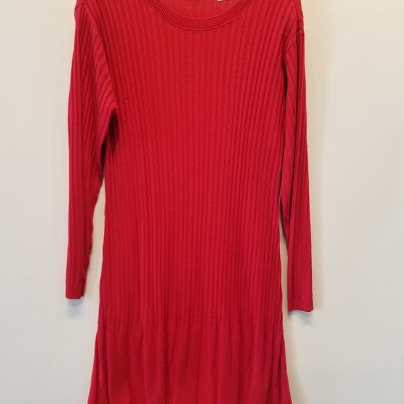 Red Knit Dress Vintage 90s Stretch Long Sleeve Round Neck Petites Women's Size L - Picture 4 of 12